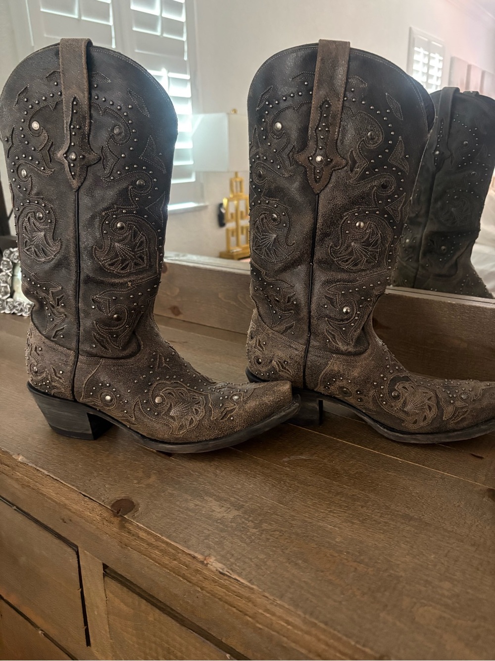 Lucchese Distressed Brown Embroidered Western Boots with Studs - Picture 2 of 9